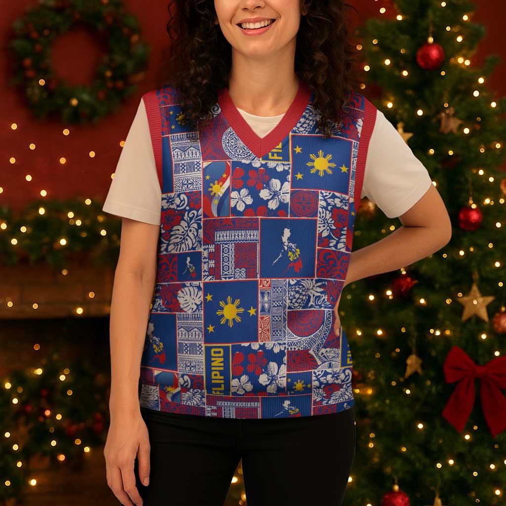 Filipino Maligayang Pasko Christmas Knitted V-Neck Vest Pacific Patchwork Xmas Vibes - Polynesian Pride