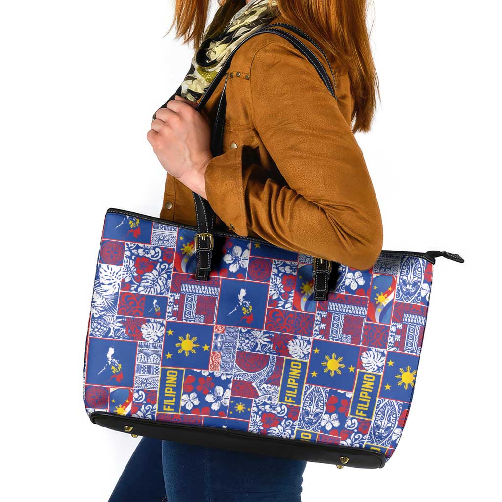 Filipino Maligayang Pasko Leather Tote Bag Pacific Patchwork Xmas Vibes - Polynesian Pride