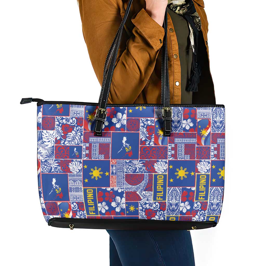 Filipino Maligayang Pasko Leather Tote Bag Pacific Patchwork Xmas Vibes - Polynesian Pride