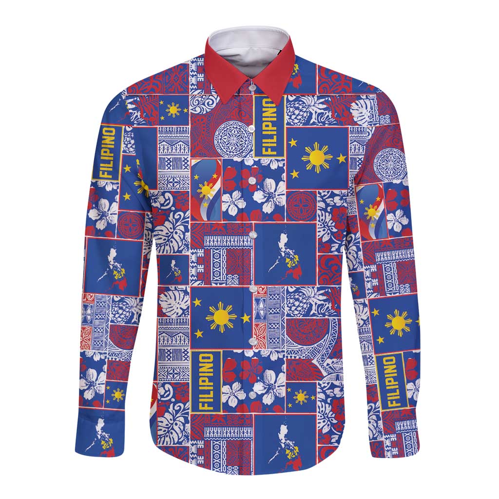 Filipino Maligayang Pasko Long Sleeve Button Shirt Pacific Patchwork Xmas Vibes - Polynesian Pride