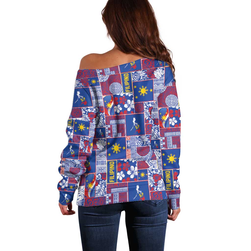 Filipino Maligayang Pasko Off Shoulder Sweater Pacific Patchwork Xmas Vibes - Polynesian Pride