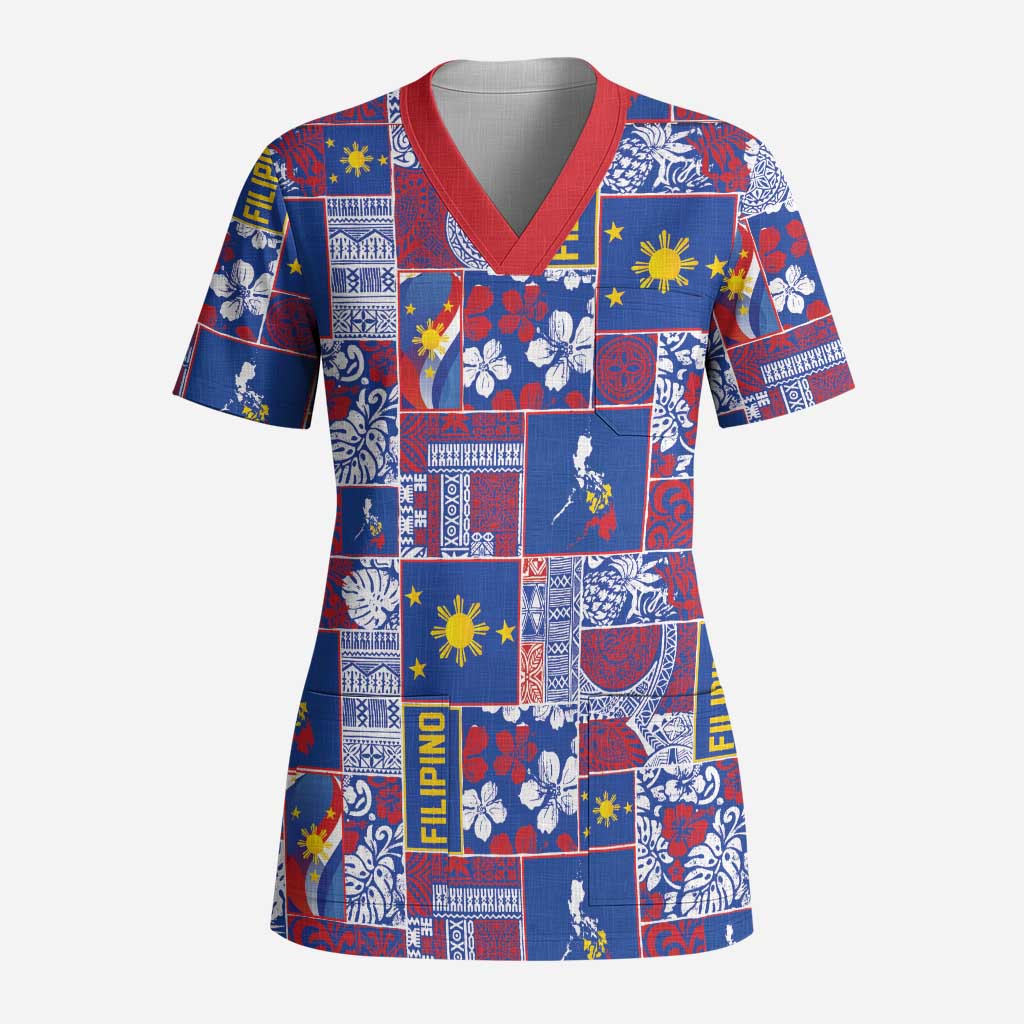 Filipino Maligayang Pasko Scrub Top Pacific Patchwork Xmas Vibes - Polynesian Pride