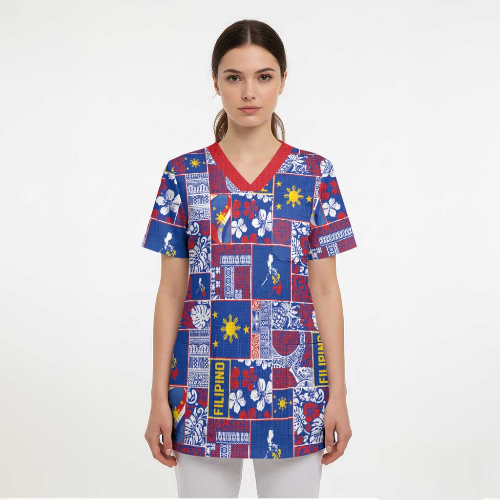 Filipino Maligayang Pasko Scrub Top Pacific Patchwork Xmas Vibes - Polynesian Pride