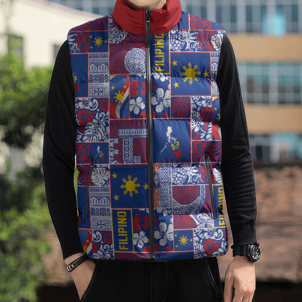 Filipino Maligayang Pasko Sleeveless Puffer Jacket Pacific Patchwork Xmas Vibes - Polynesian Pride