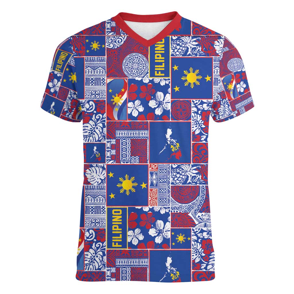 Filipino Maligayang Pasko Women V-Neck T-Shirt Pacific Patchwork Xmas Vibes - Polynesian Pride