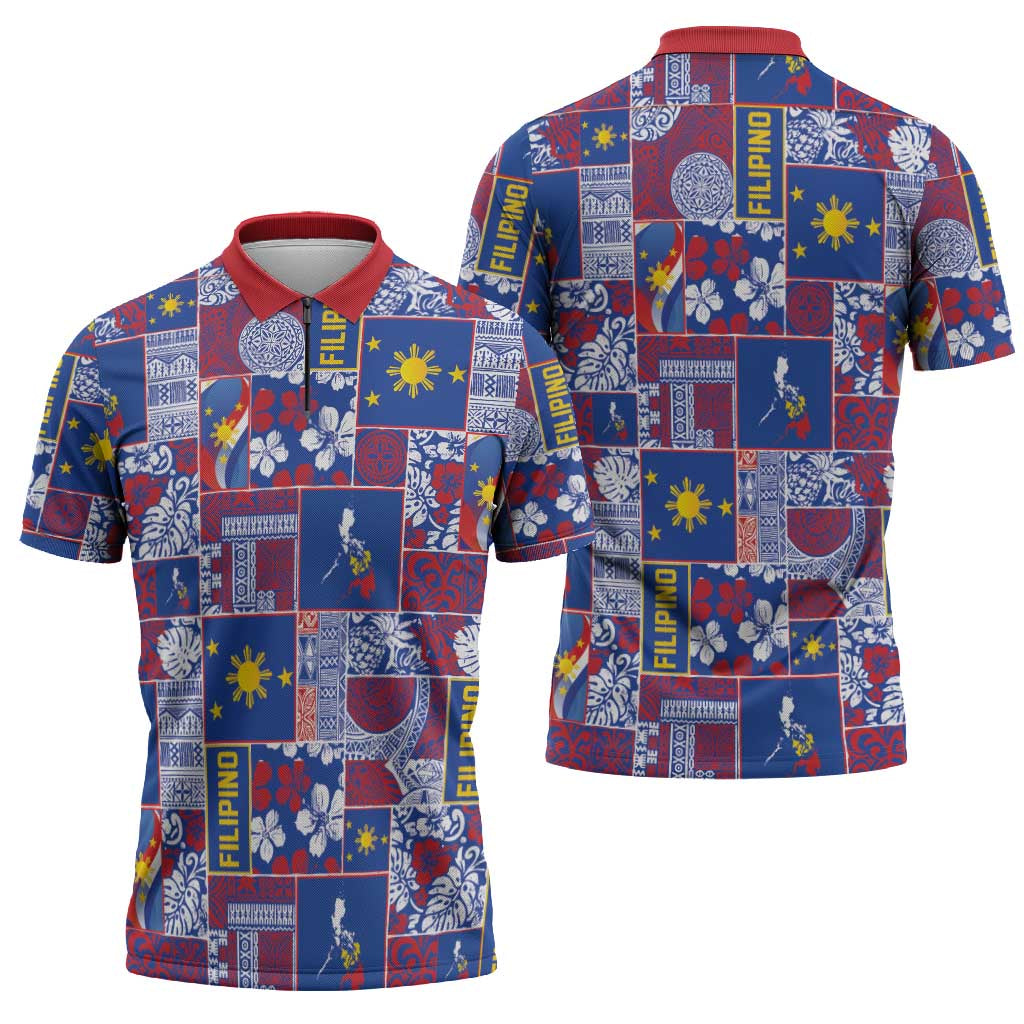 Filipino Maligayang Pasko Zipper Polo Shirt Pacific Patchwork Xmas Vibes - Polynesian Pride