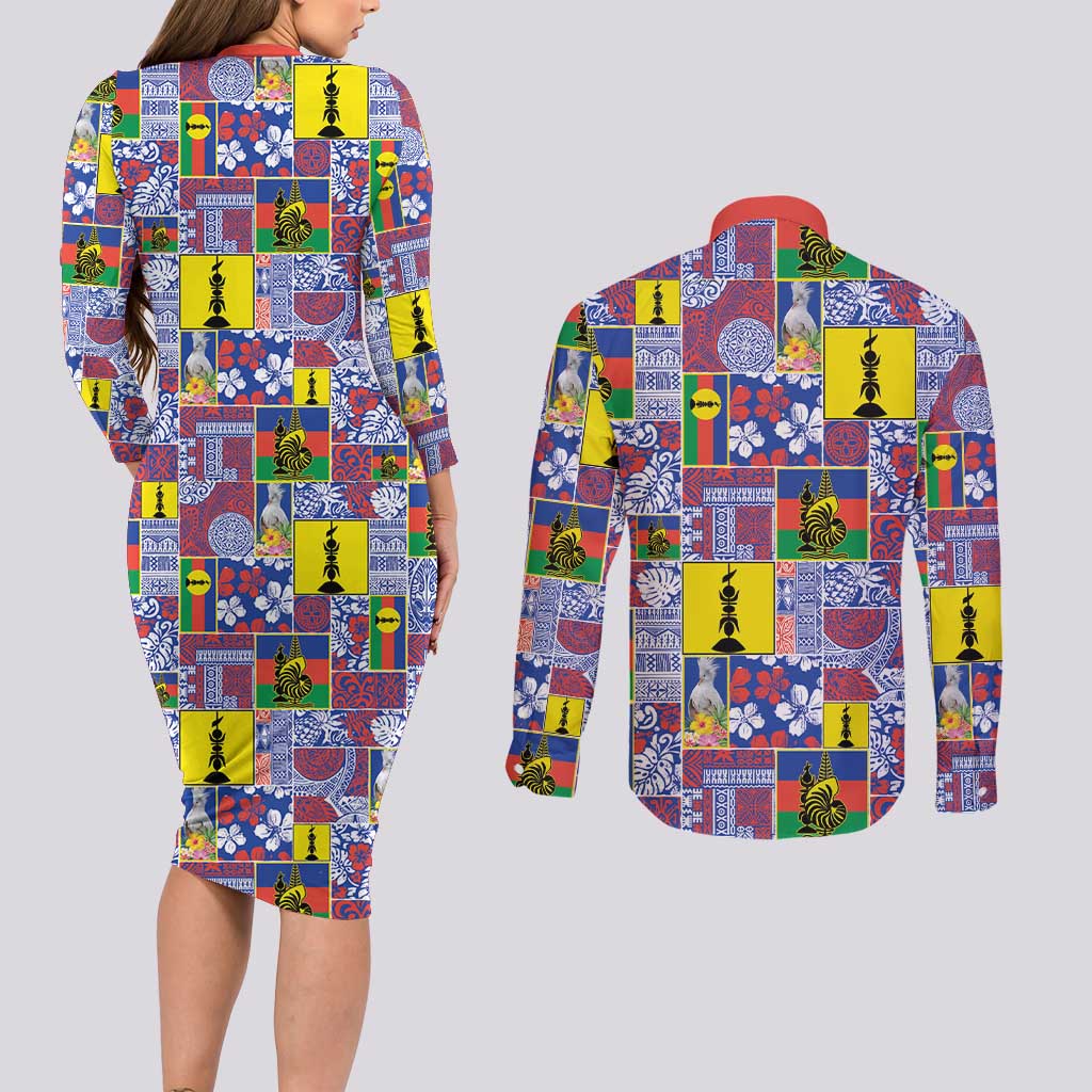 New Caledonia Joyeux Noel Couples Matching Long Sleeve Bodycon Dress and Long Sleeve Button Shirt Pacific Patchwork Xmas Vibes - Polynesian Pride