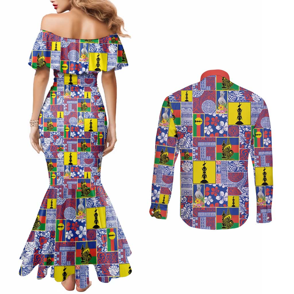 New Caledonia Joyeux Noel Couples Matching Mermaid Dress and Long Sleeve Button Shirt Pacific Patchwork Xmas Vibes - Polynesian Pride