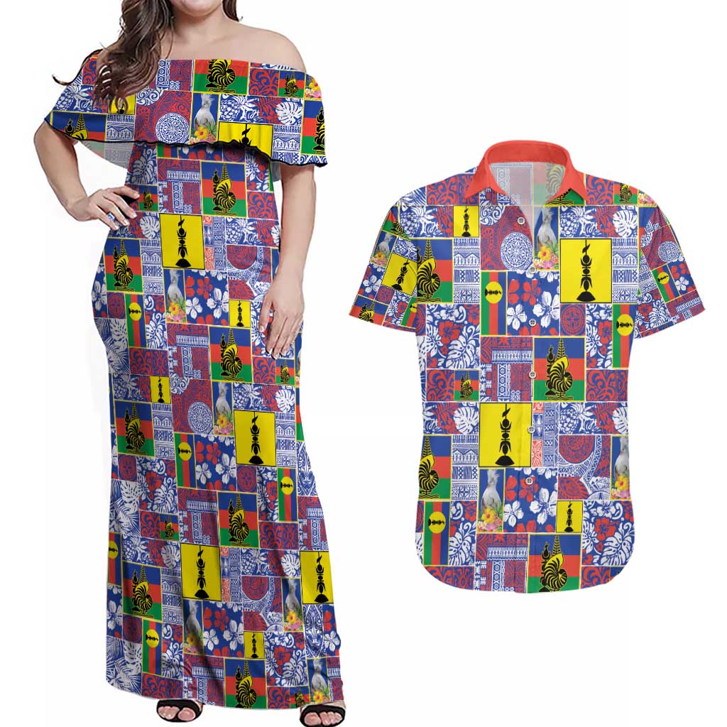 New Caledonia Joyeux Noel Couples Matching Off Shoulder Maxi Dress and Hawaiian Shirt Pacific Patchwork Xmas Vibes - Polynesian Pride