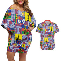 New Caledonia Joyeux Noel Couples Matching Off Shoulder Short Dress and Hawaiian Shirt Pacific Patchwork Xmas Vibes - Polynesian Pride