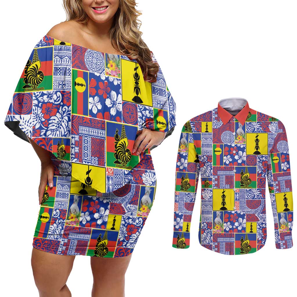 New Caledonia Joyeux Noel Couples Matching Off Shoulder Short Dress and Long Sleeve Button Shirt Pacific Patchwork Xmas Vibes - Polynesian Pride