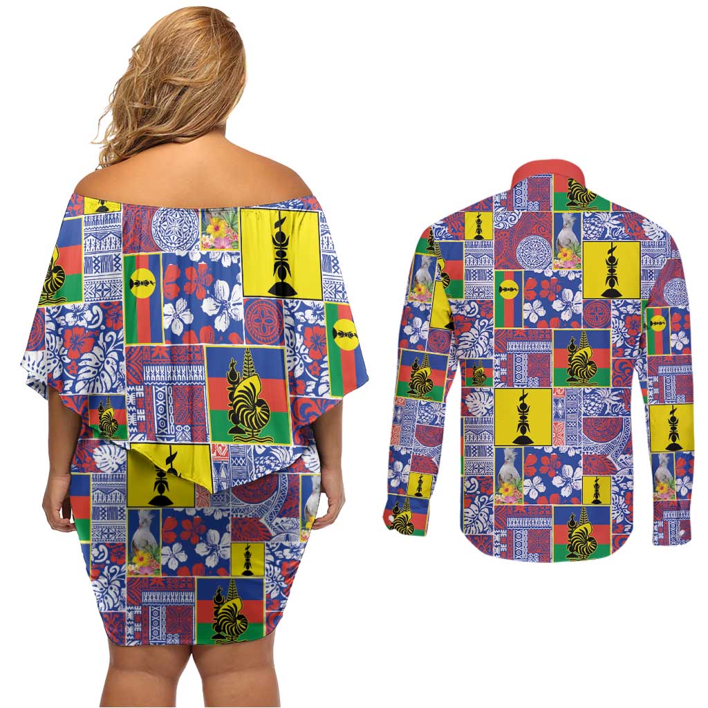 New Caledonia Joyeux Noel Couples Matching Off Shoulder Short Dress and Long Sleeve Button Shirt Pacific Patchwork Xmas Vibes - Polynesian Pride