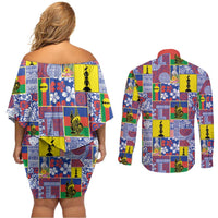 New Caledonia Joyeux Noel Couples Matching Off Shoulder Short Dress and Long Sleeve Button Shirt Pacific Patchwork Xmas Vibes - Polynesian Pride