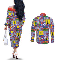 New Caledonia Joyeux Noel Couples Matching Off The Shoulder Long Sleeve Dress and Long Sleeve Button Shirt Pacific Patchwork Xmas Vibes - Polynesian Pride