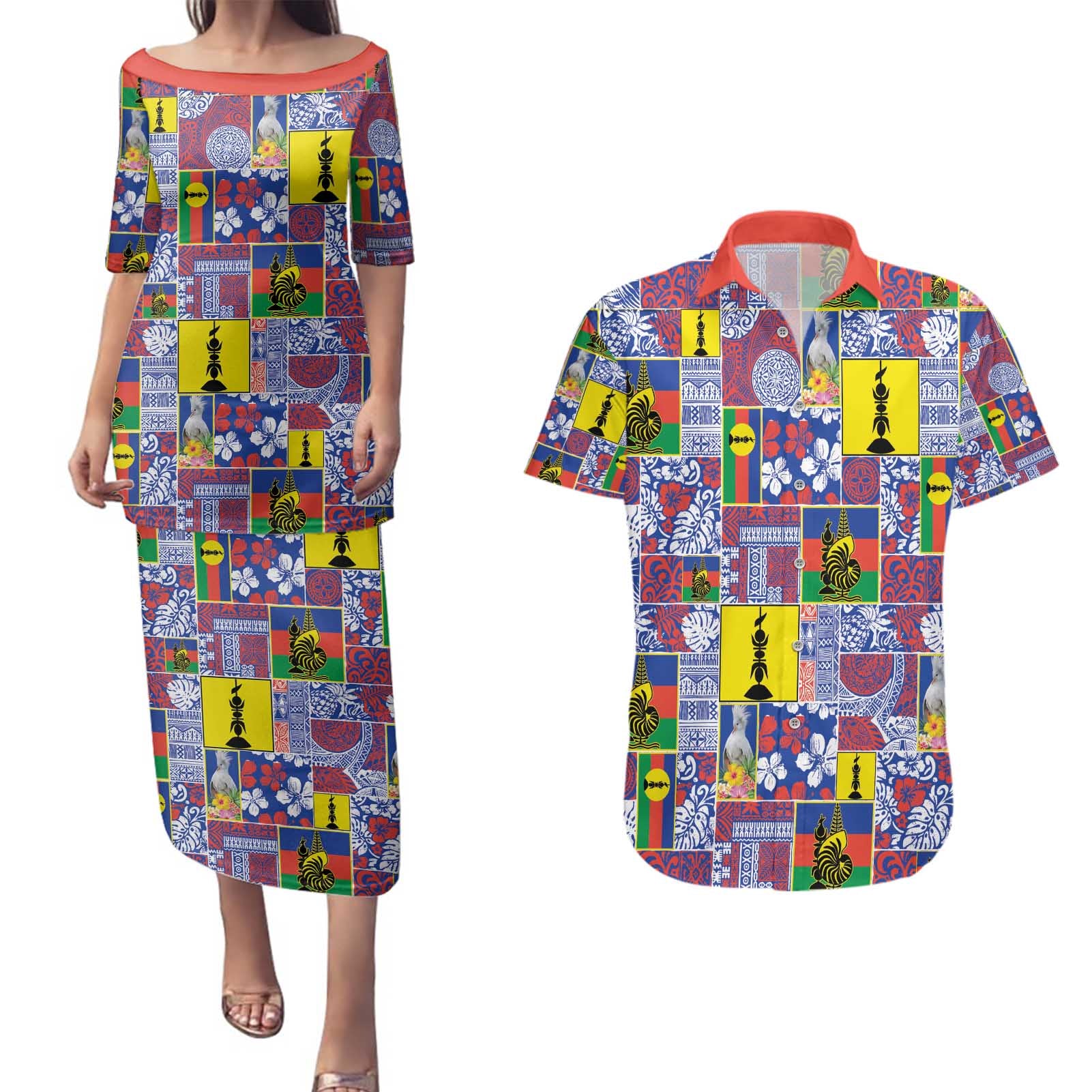 New Caledonia Joyeux Noel Couples Matching Puletasi and Hawaiian Shirt Pacific Patchwork Xmas Vibes - Polynesian Pride
