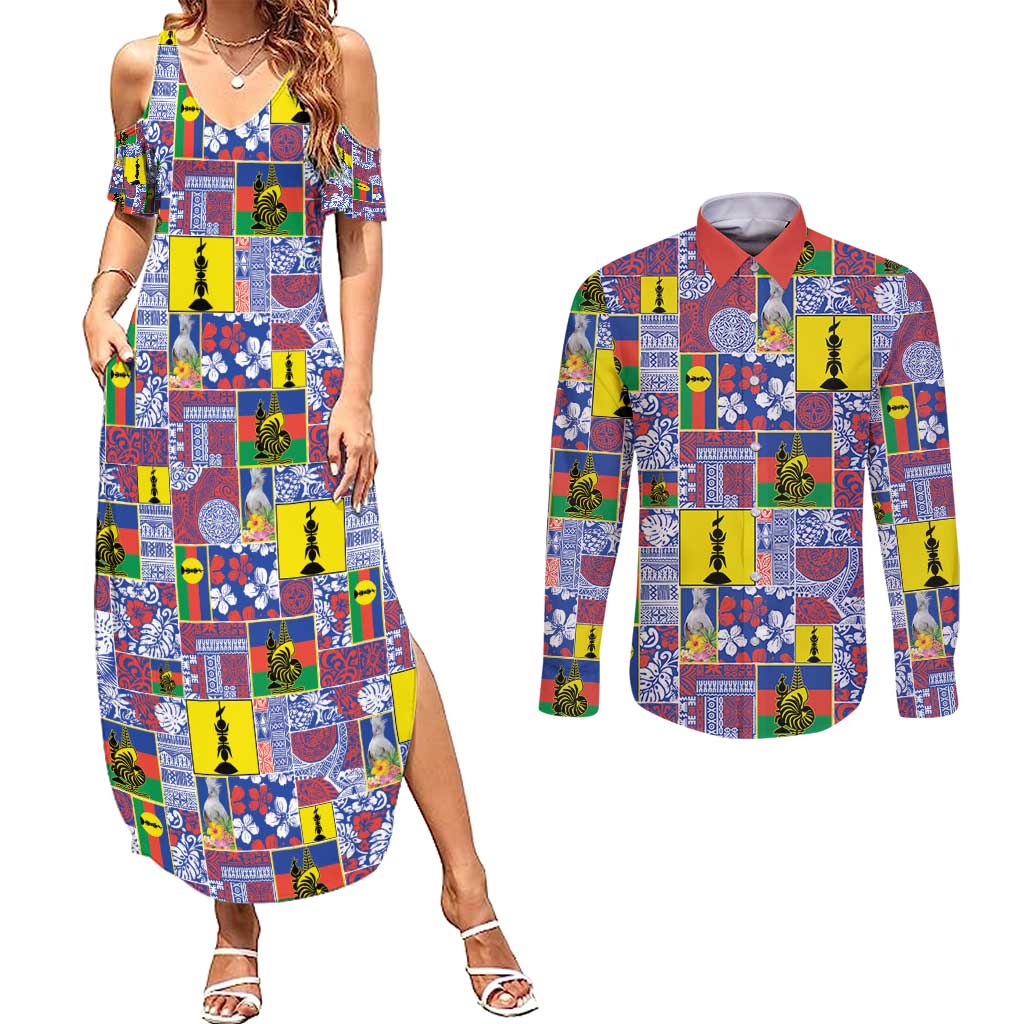 New Caledonia Joyeux Noel Couples Matching Summer Maxi Dress and Long Sleeve Button Shirt Pacific Patchwork Xmas Vibes - Polynesian Pride