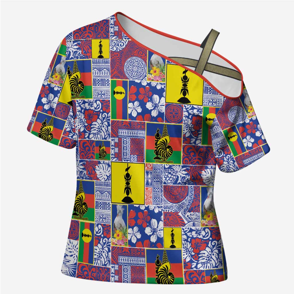 New Caledonia Joyeux Noel Cross Shoulder Shirt Pacific Patchwork Xmas Vibes - Polynesian Pride