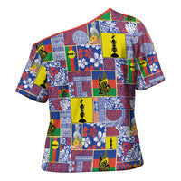 New Caledonia Joyeux Noel Cross Shoulder Shirt Pacific Patchwork Xmas Vibes - Polynesian Pride