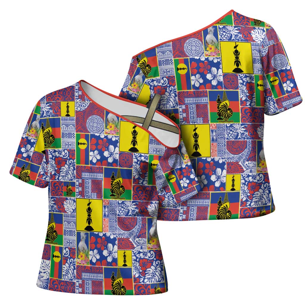 New Caledonia Joyeux Noel Cross Shoulder Shirt Pacific Patchwork Xmas Vibes - Polynesian Pride