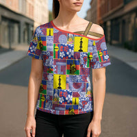 New Caledonia Joyeux Noel Cross Shoulder Shirt Pacific Patchwork Xmas Vibes - Polynesian Pride