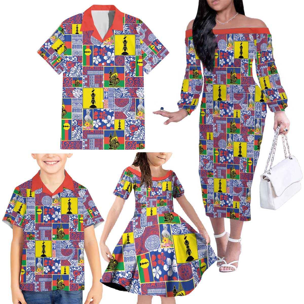 New Caledonia Joyeux Noel Family Matching Off The Shoulder Long Sleeve Dress and Hawaiian Shirt Pacific Patchwork Xmas Vibes - Polynesian Pride