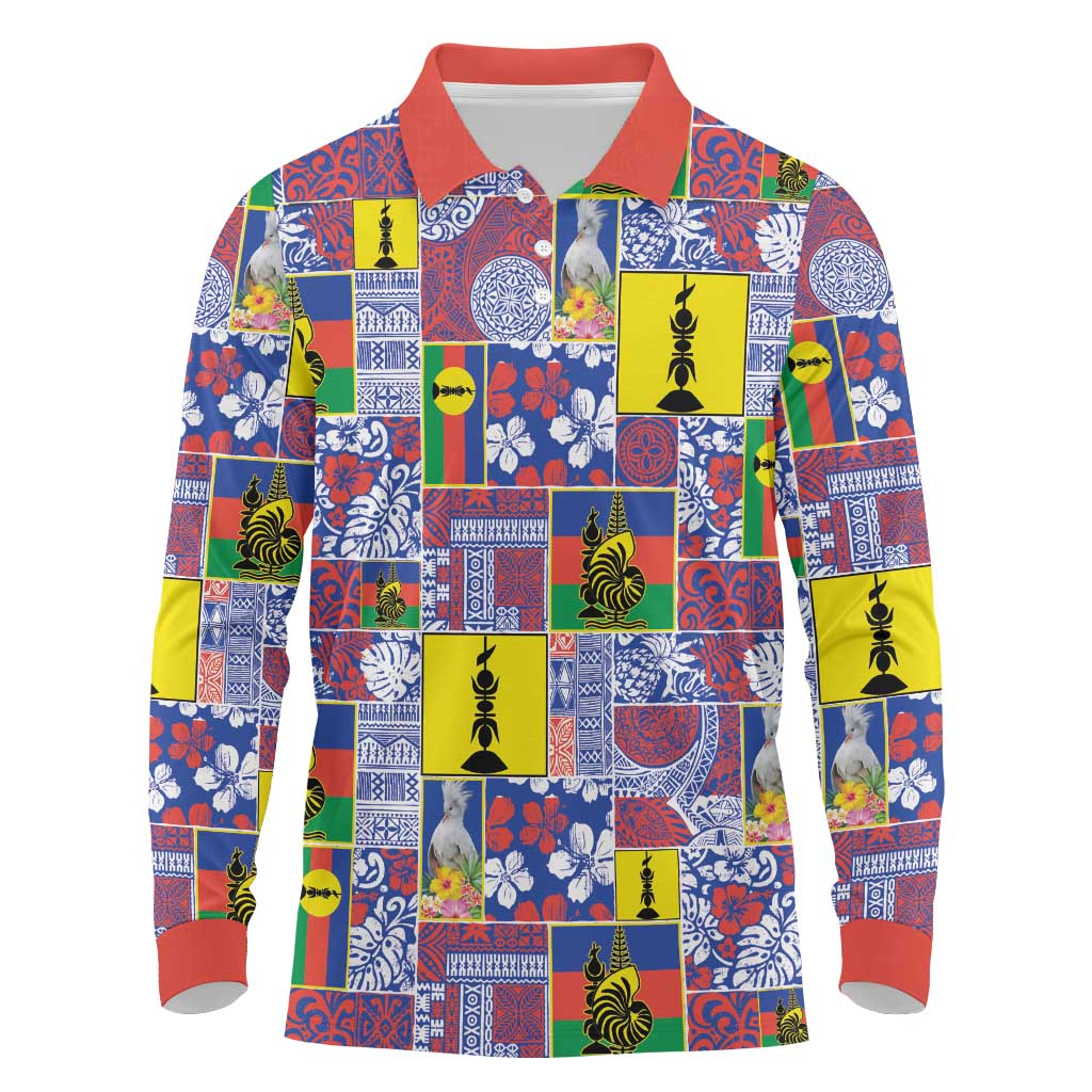 New Caledonia Joyeux Noel Long Sleeve Polo Shirt Pacific Patchwork Xmas Vibes - Polynesian Pride