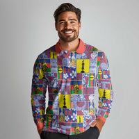 New Caledonia Joyeux Noel Long Sleeve Polo Shirt Pacific Patchwork Xmas Vibes - Polynesian Pride