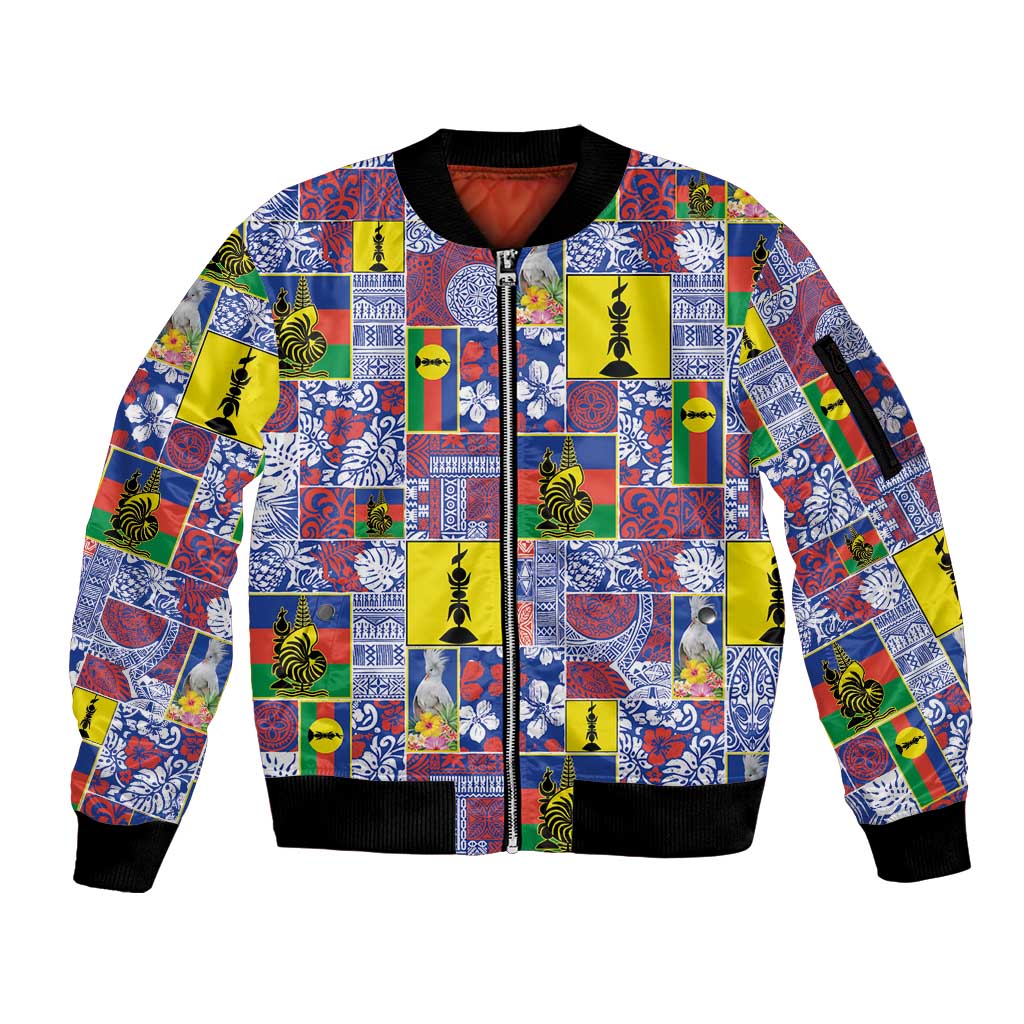 New Caledonia Joyeux Noel Sleeve Zip Bomber Jacket Pacific Patchwork Xmas Vibes - Polynesian Pride