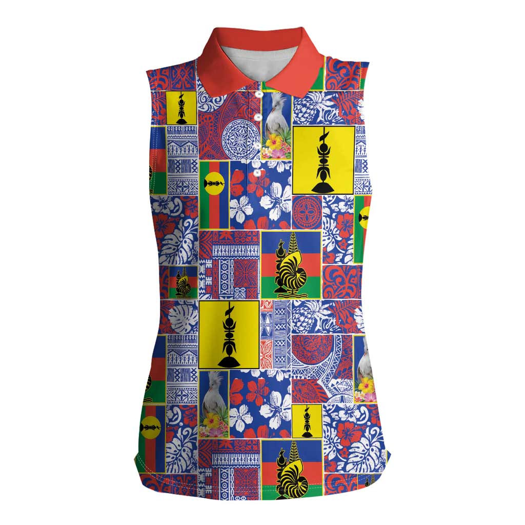 New Caledonia Joyeux Noel Women Sleeveless Polo Shirt Pacific Patchwork Xmas Vibes - Polynesian Pride