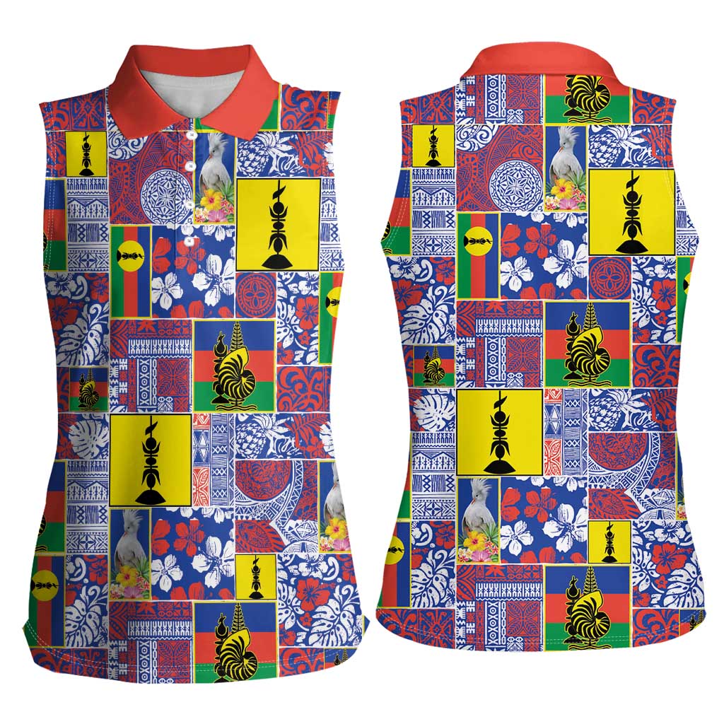 New Caledonia Joyeux Noel Women Sleeveless Polo Shirt Pacific Patchwork Xmas Vibes - Polynesian Pride