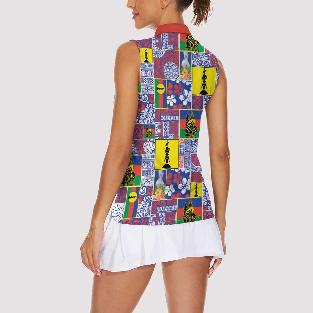 New Caledonia Joyeux Noel Women Sleeveless Polo Shirt Pacific Patchwork Xmas Vibes - Polynesian Pride