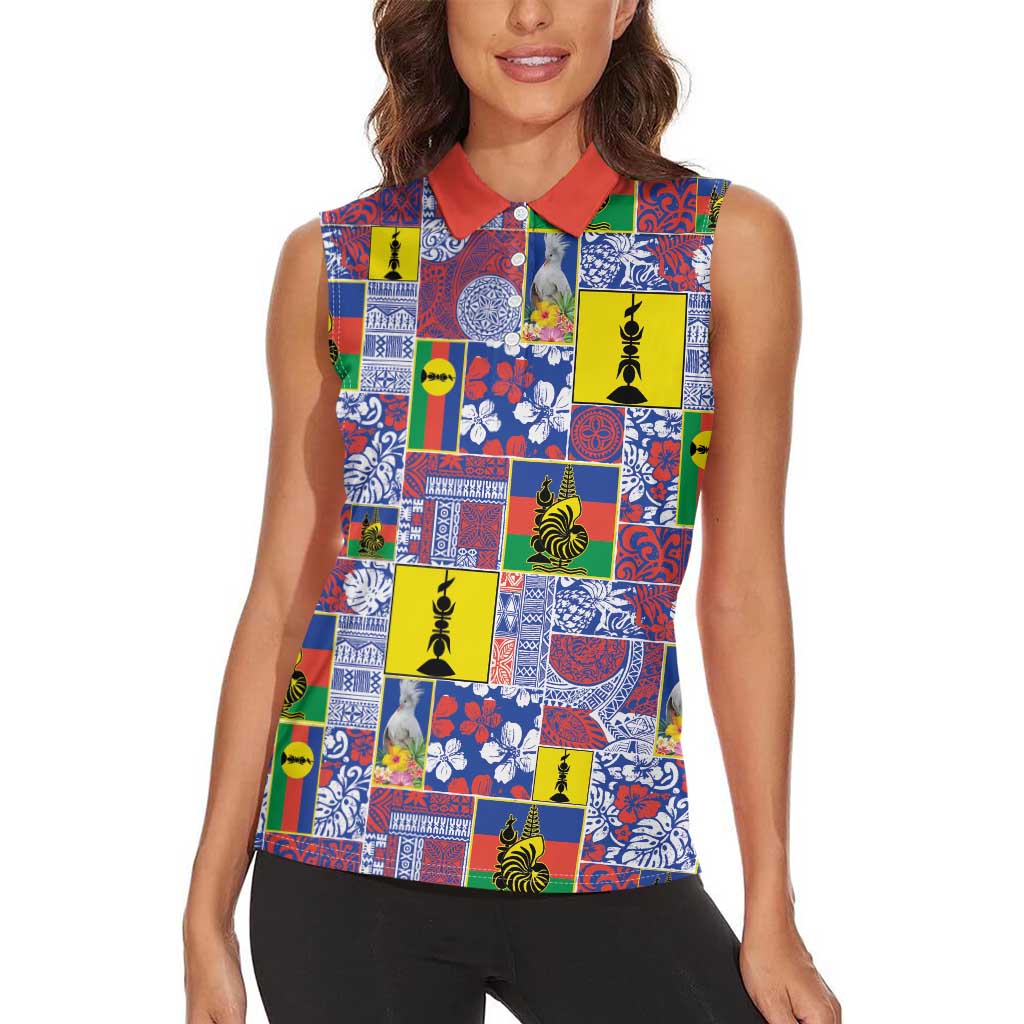 New Caledonia Joyeux Noel Women Sleeveless Polo Shirt Pacific Patchwork Xmas Vibes - Polynesian Pride