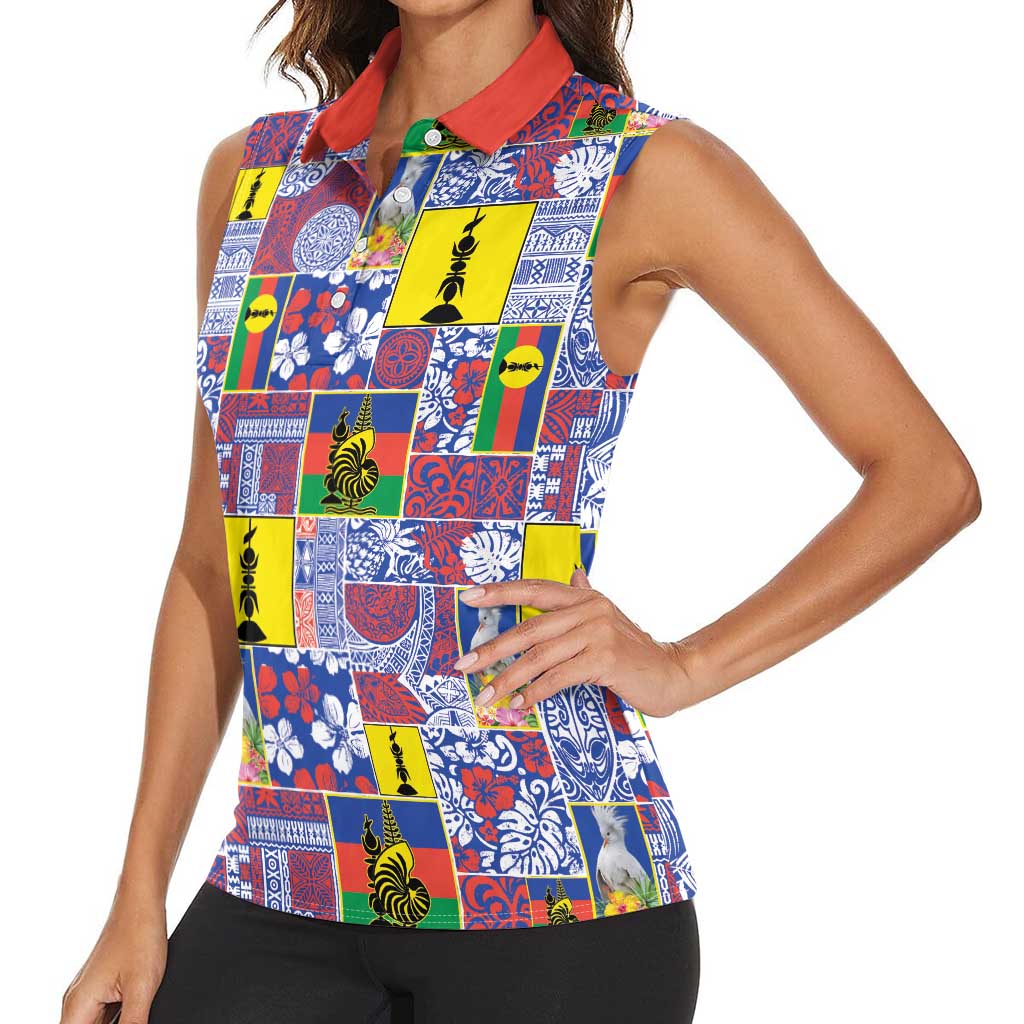 New Caledonia Joyeux Noel Women Sleeveless Polo Shirt Pacific Patchwork Xmas Vibes - Polynesian Pride