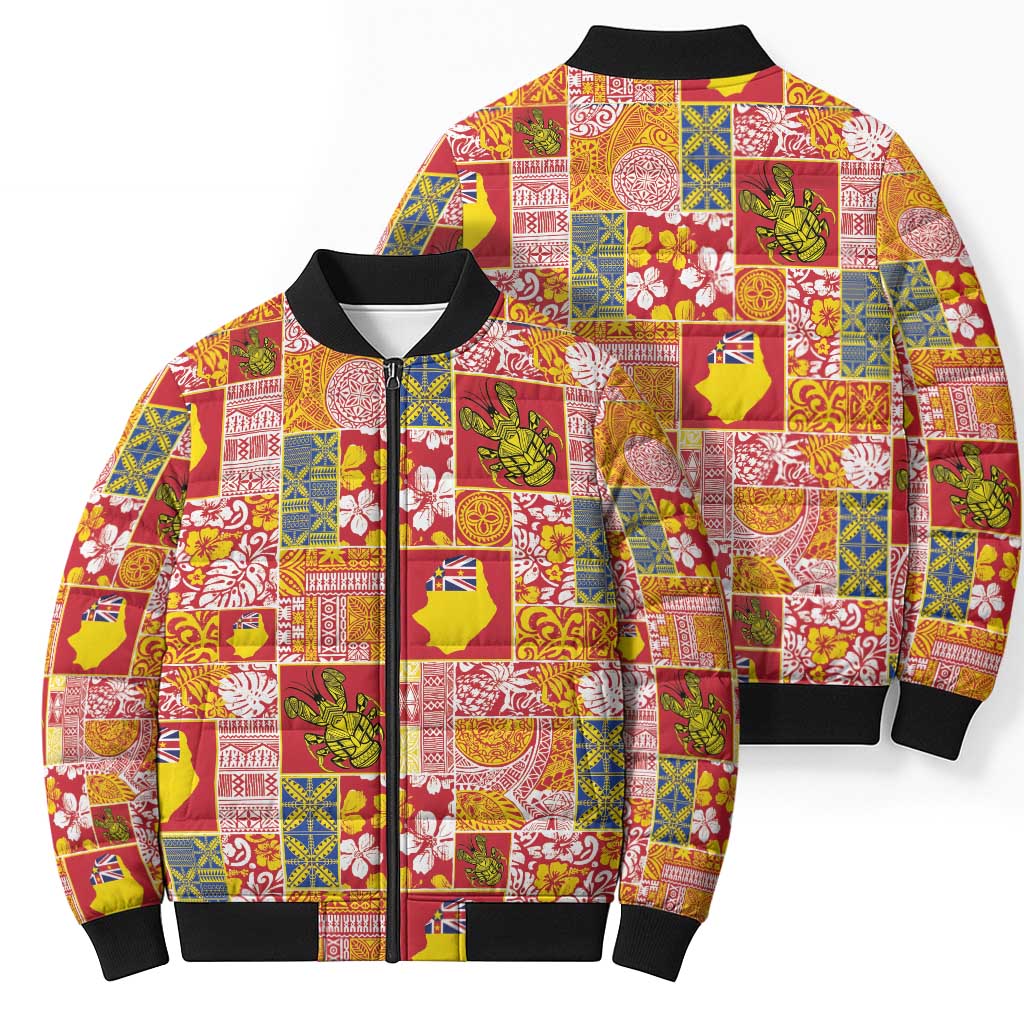 Niue Monuina e Kilisimasi Bomber Puffer Jacket Pacific Patchwork Xmas Vibes - Polynesian Pride