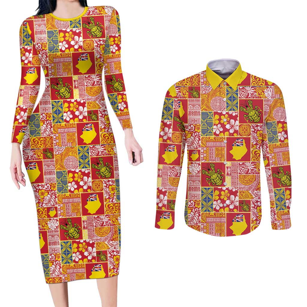 Niue Monuina e Kilisimasi Couples Matching Long Sleeve Bodycon Dress and Long Sleeve Button Shirt Pacific Patchwork Xmas Vibes - Polynesian Pride