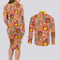Niue Monuina e Kilisimasi Couples Matching Long Sleeve Bodycon Dress and Long Sleeve Button Shirt Pacific Patchwork Xmas Vibes - Polynesian Pride