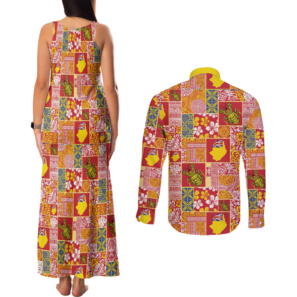 Niue Monuina e Kilisimasi Couples Matching Tank Maxi Dress and Long Sleeve Button Shirt Pacific Patchwork Xmas Vibes - Polynesian Pride