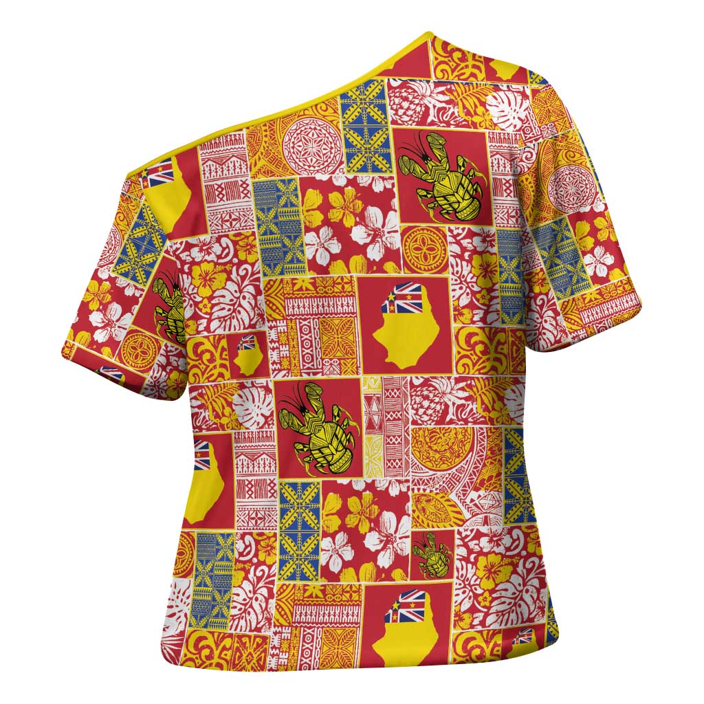 Niue Monuina e Kilisimasi Cross Shoulder Shirt Pacific Patchwork Xmas Vibes - Polynesian Pride