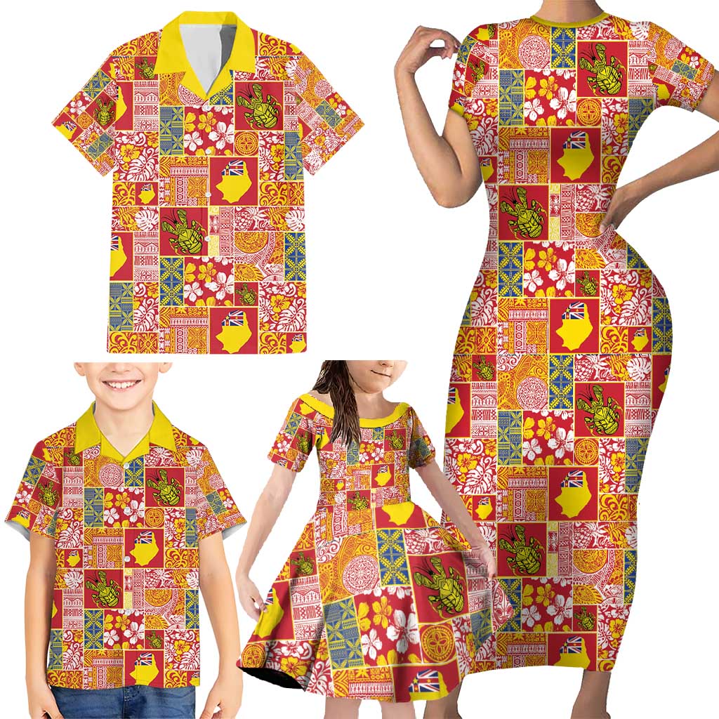 Niue Monuina e Kilisimasi Family Matching Short Sleeve Bodycon Dress and Hawaiian Shirt Pacific Patchwork Xmas Vibes - Polynesian Pride