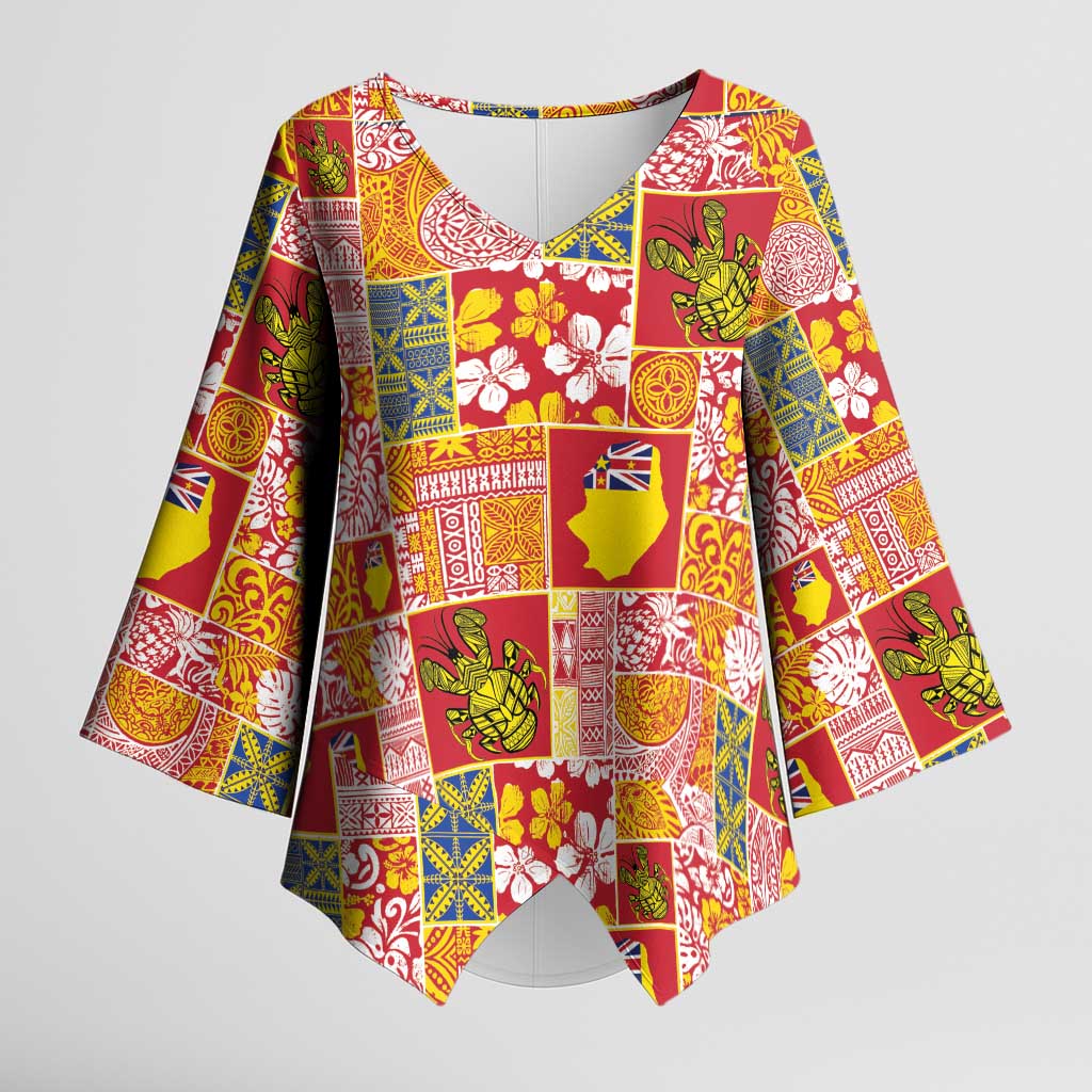 Niue Monuina e Kilisimasi Kimono Sleeve Blouse Pacific Patchwork Xmas Vibes - Polynesian Pride