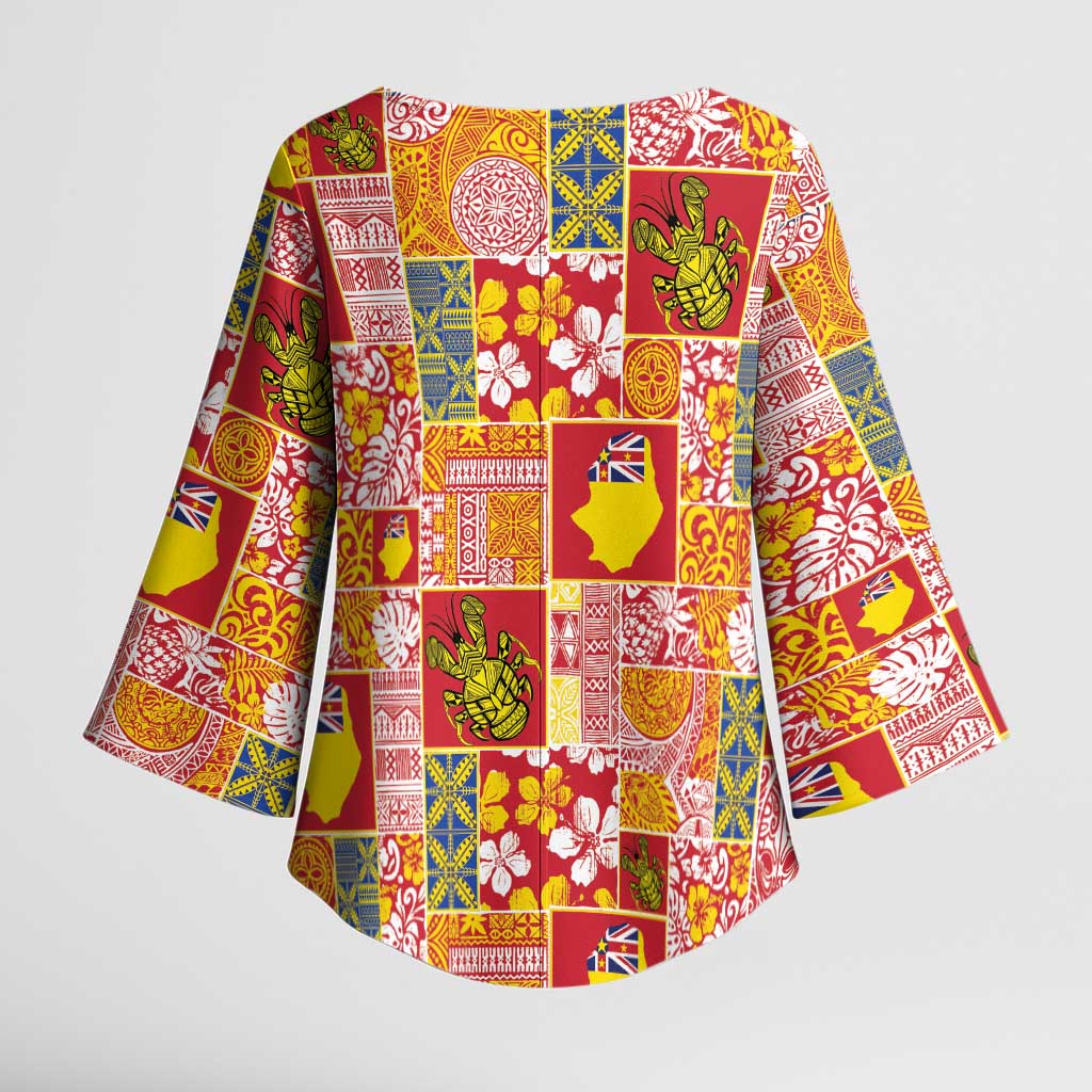 Niue Monuina e Kilisimasi Kimono Sleeve Blouse Pacific Patchwork Xmas Vibes - Polynesian Pride