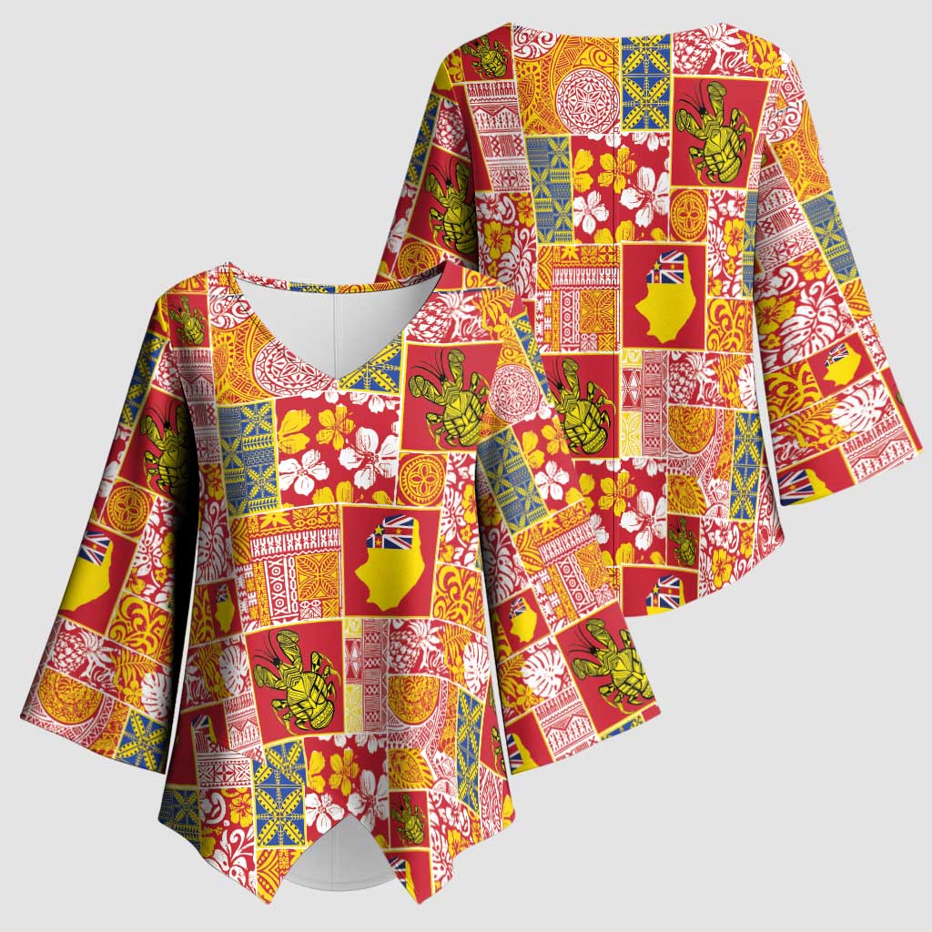 Niue Monuina e Kilisimasi Kimono Sleeve Blouse Pacific Patchwork Xmas Vibes - Polynesian Pride