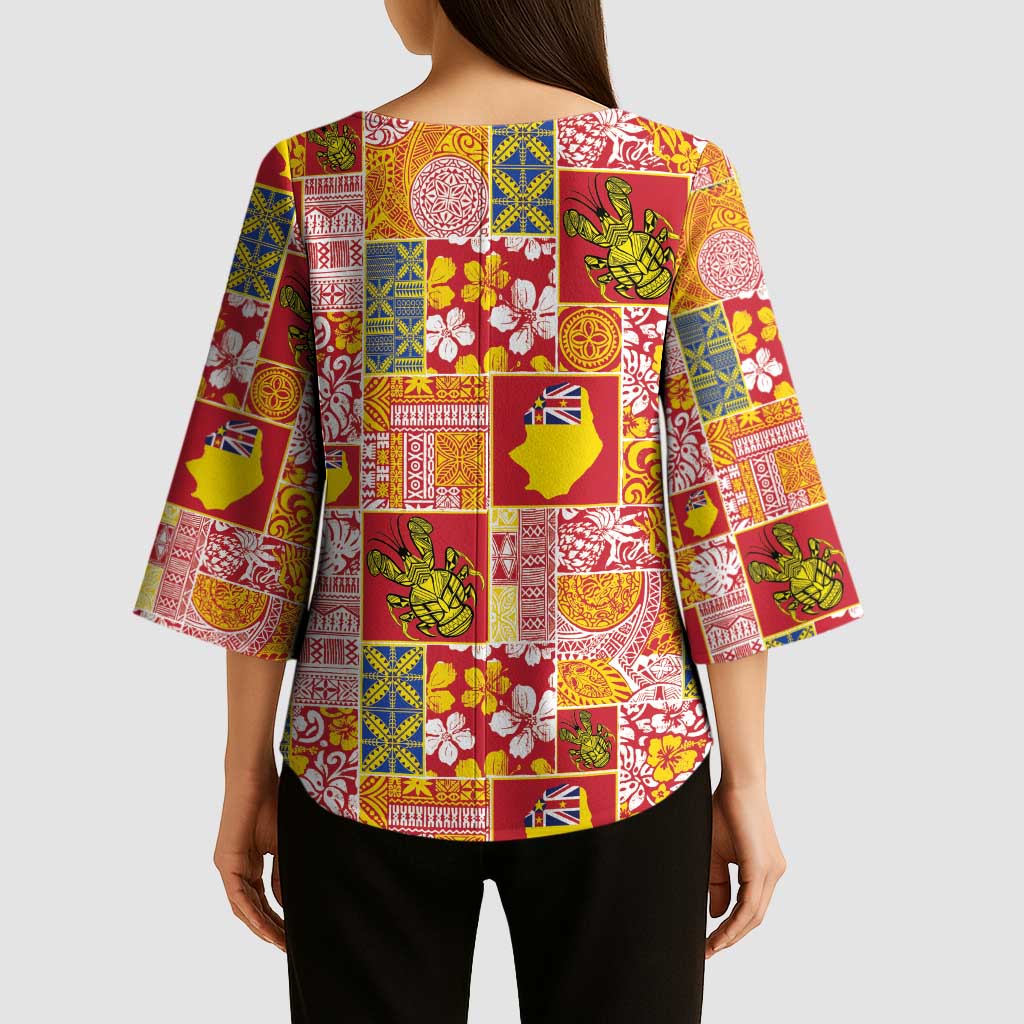 Niue Monuina e Kilisimasi Kimono Sleeve Blouse Pacific Patchwork Xmas Vibes - Polynesian Pride