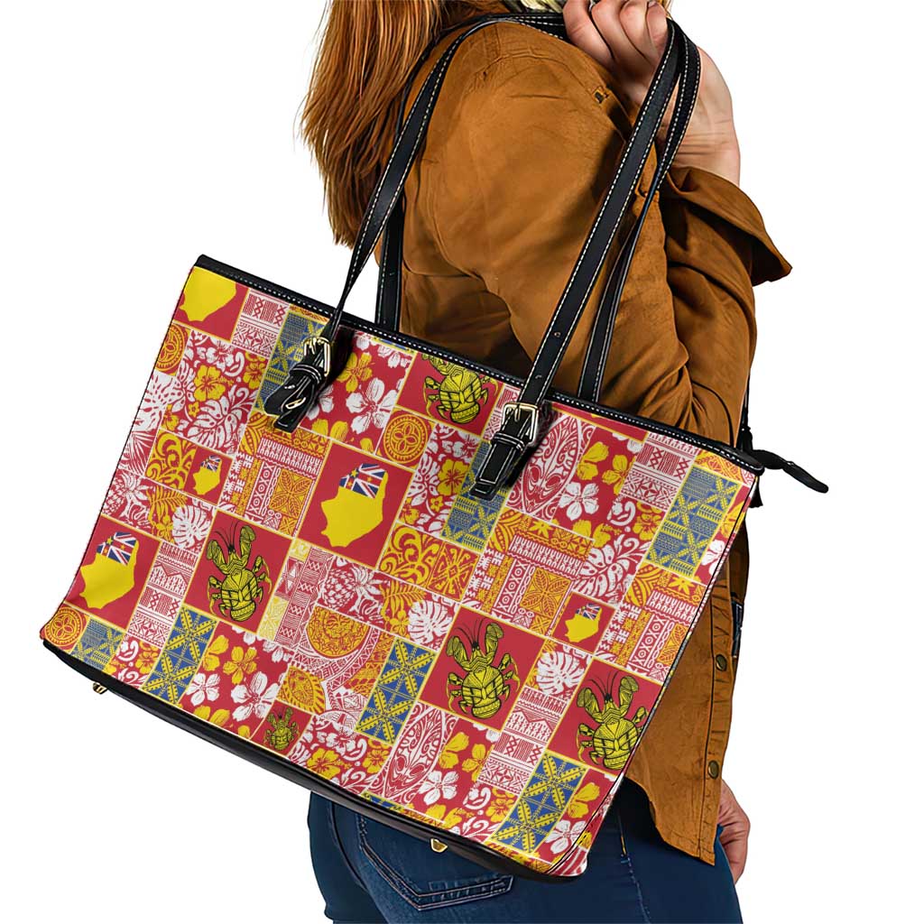 Niue Monuina e Kilisimasi Leather Tote Bag Pacific Patchwork Xmas Vibes - Polynesian Pride
