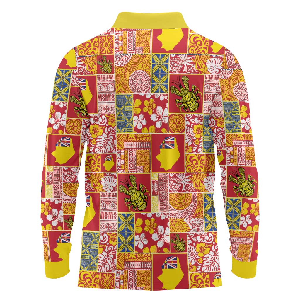 Niue Monuina e Kilisimasi Long Sleeve Polo Shirt Pacific Patchwork Xmas Vibes - Polynesian Pride