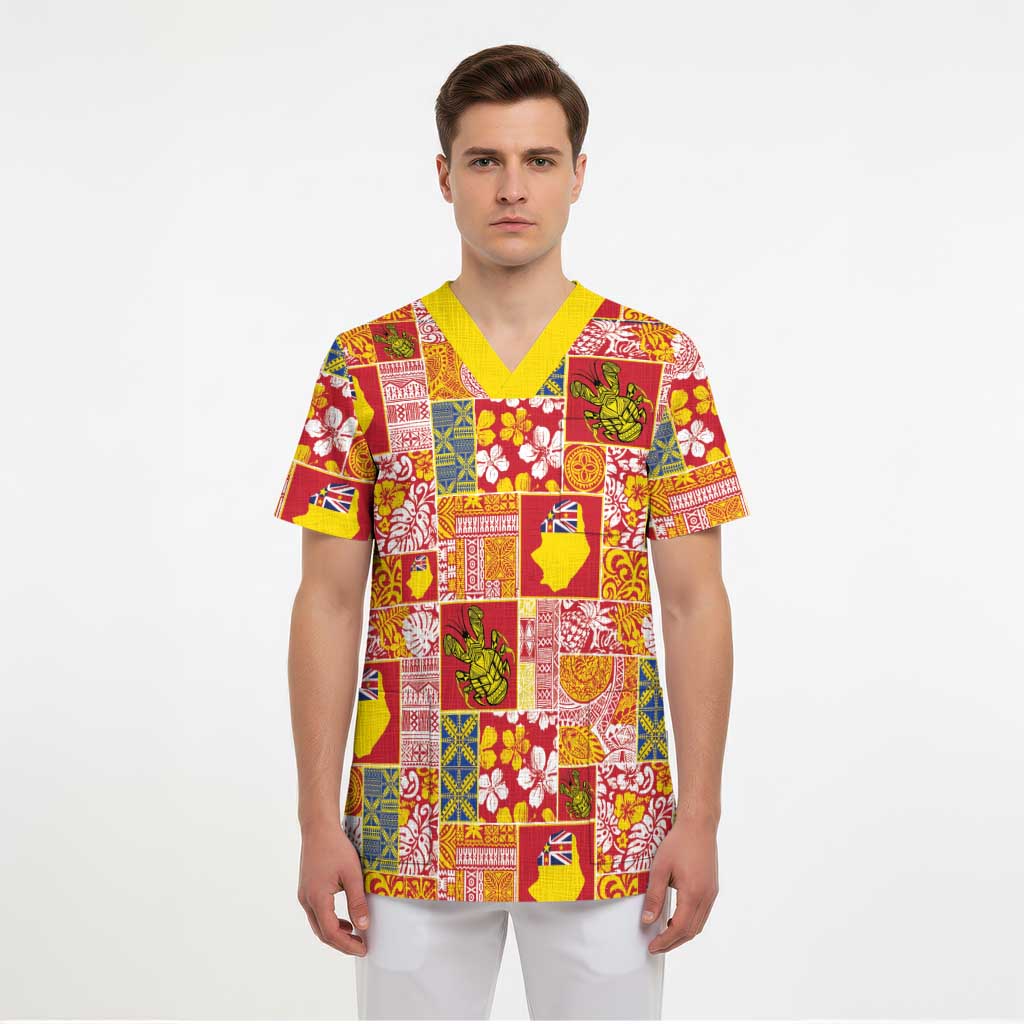 Niue Monuina e Kilisimasi Scrub Top Pacific Patchwork Xmas Vibes - Polynesian Pride