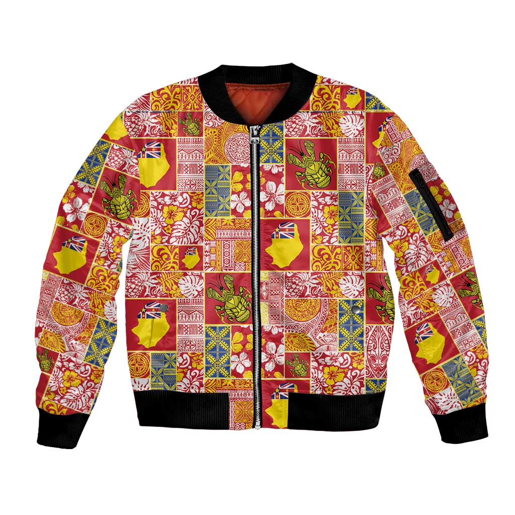 Niue Monuina e Kilisimasi Sleeve Zip Bomber Jacket Pacific Patchwork Xmas Vibes - Polynesian Pride