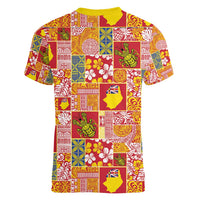 Niue Monuina e Kilisimasi Women V-Neck T-Shirt Pacific Patchwork Xmas Vibes - Polynesian Pride