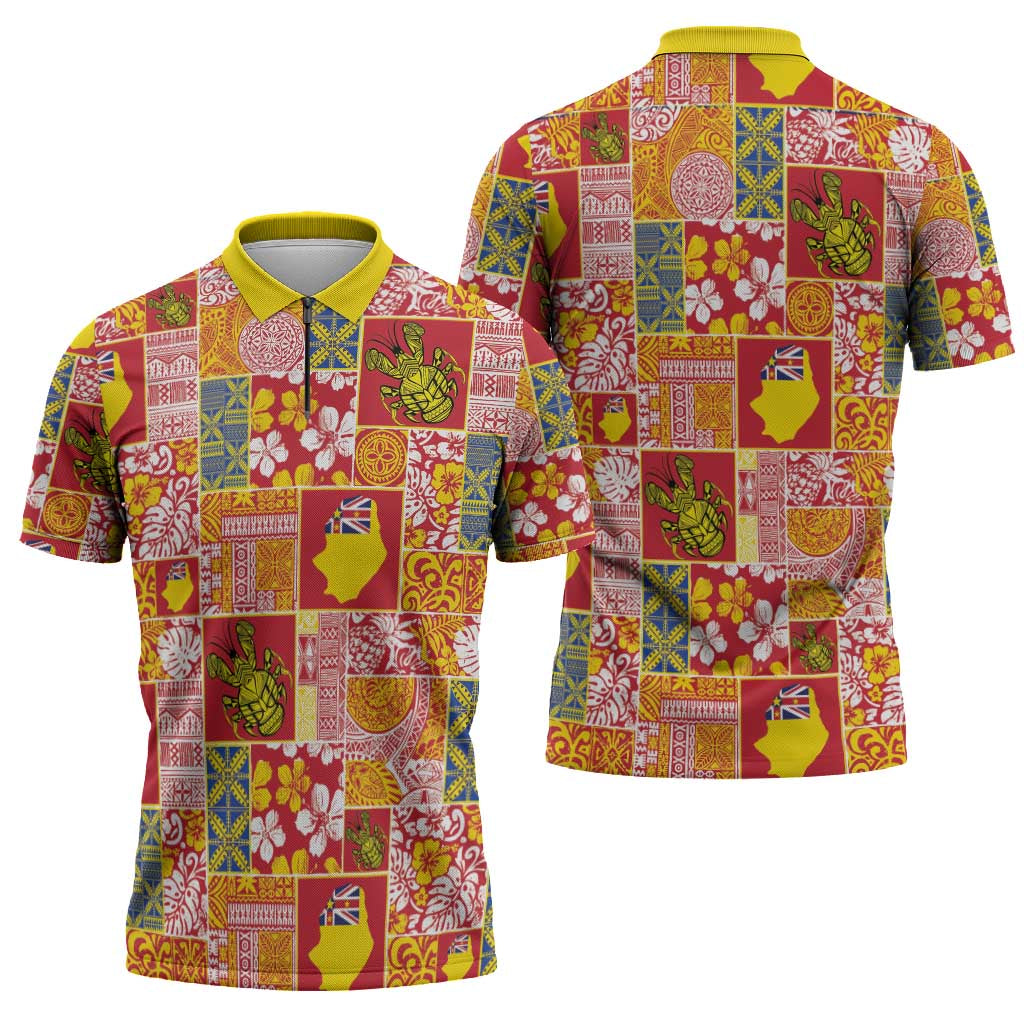 Niue Monuina e Kilisimasi Zipper Polo Shirt Pacific Patchwork Xmas Vibes - Polynesian Pride