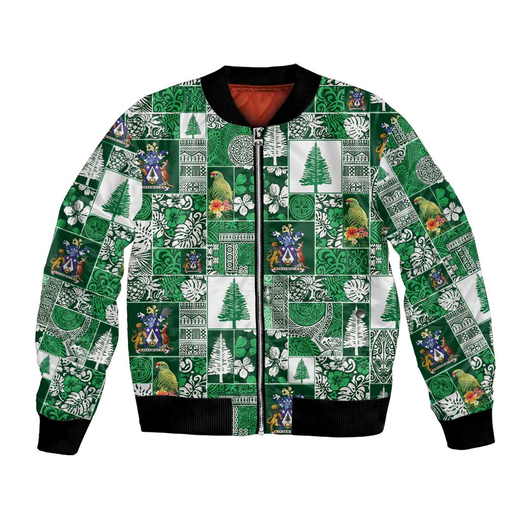 Norfolk Island Meri Krismas Bomber Jacket Pacific Patchwork Xmas Vibes - Polynesian Pride